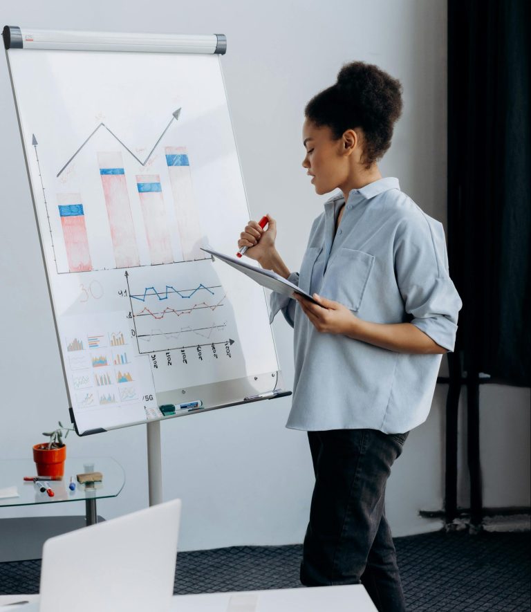 employee in a whiteboard discussion