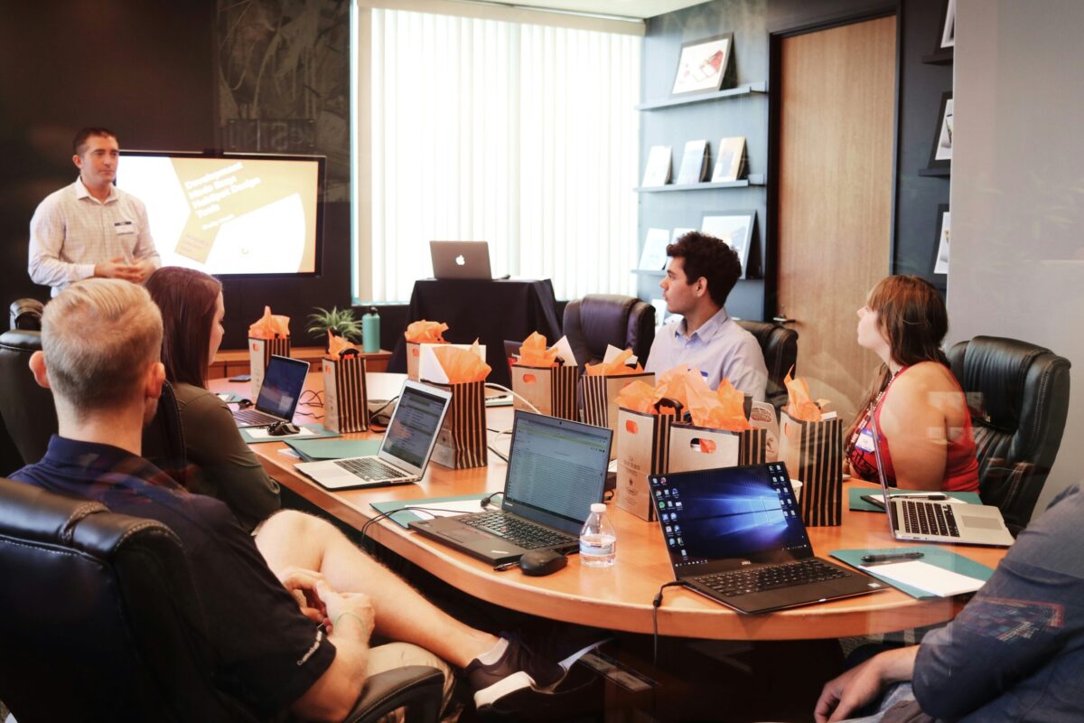 conference meeting with a large group at office